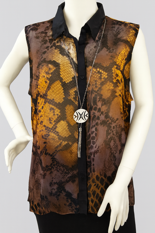 Amber Print Sheer Collared Top — XL