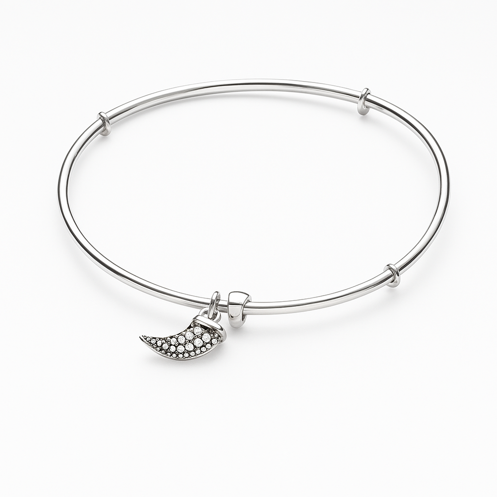 Silver bangle with a crescent moon charm on a white background