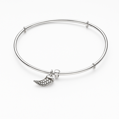 Silver bangle with a crescent moon charm on a white background