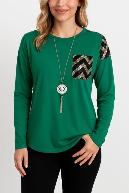 Sequins Green Scoop Neck Long Sleeve Shirt