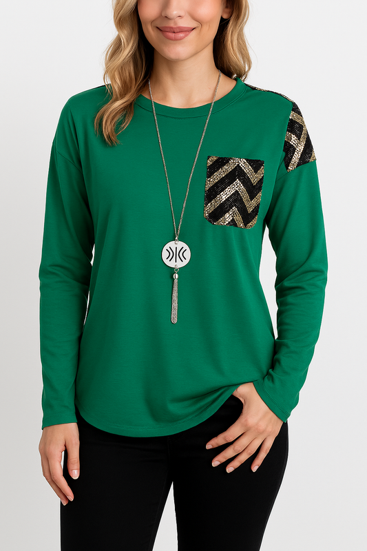 Sequins Green Scoop Neck Long Sleeve Shirt