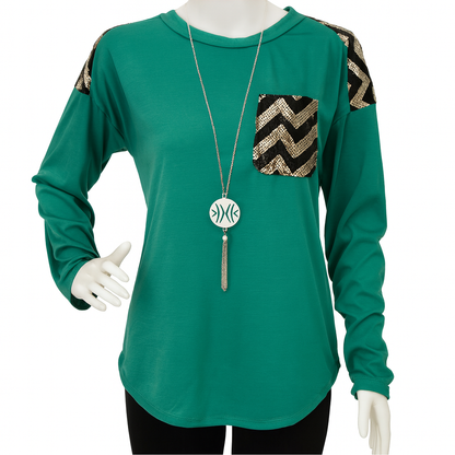 Sequins Green Scoop Neck Long Sleeve Shirt